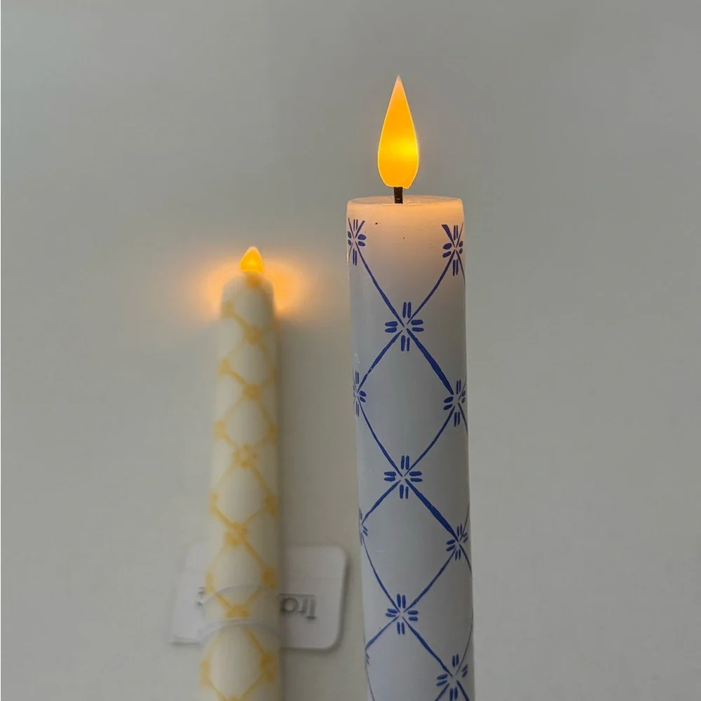 Flameless Candle Tapers Blue Yellow New Set‎ Of 2 11”